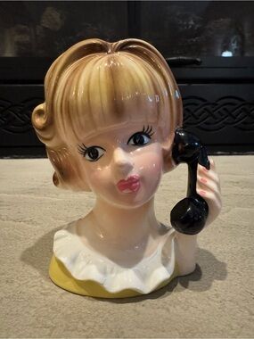 Mid-Century Girl Head Vase with Phone - Blonde, Yellow